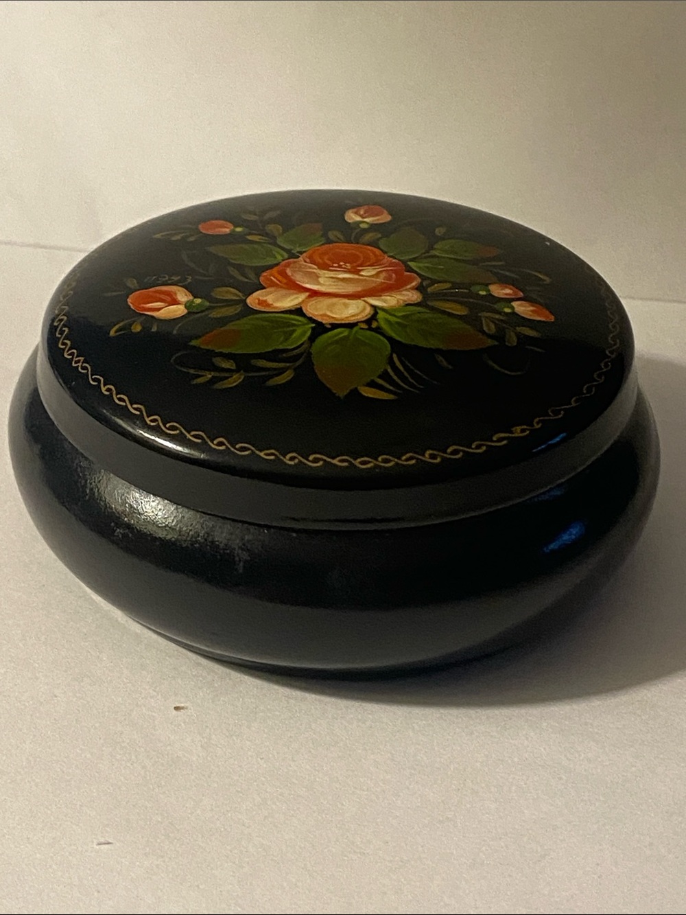 Vintage Russian Hand Painted Black Metal Tin Small Jewelry Trinket Box Floral